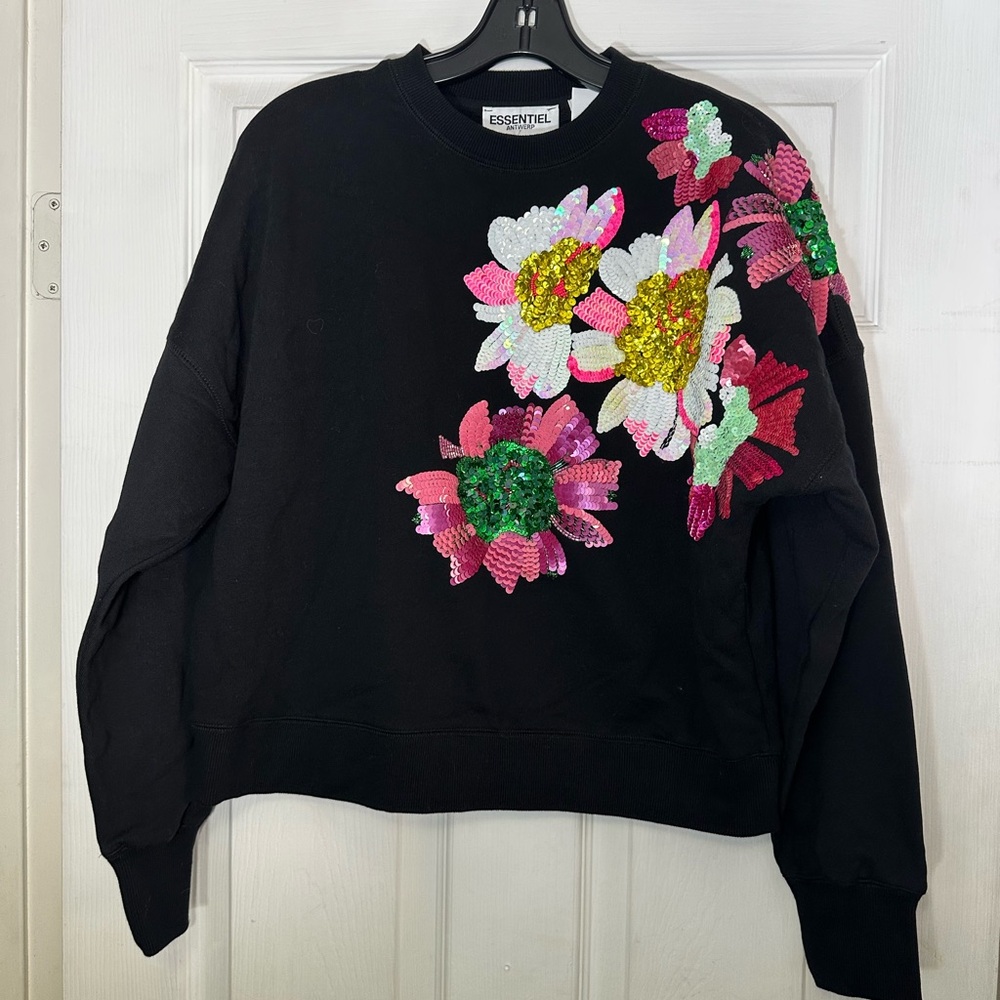 Essentiel Antwerp Garty Black Sweatshirt with Sequin Floral Design Size 0